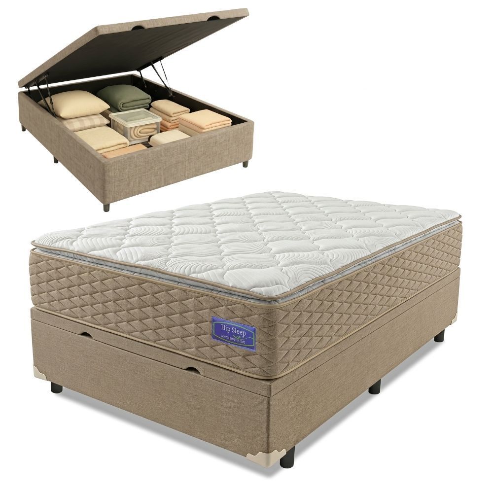 Cama Box com Baú Casal Magnus Pillow Top Molas Ensacadas Tecido Suede e Malha Bege Apolo Spuma