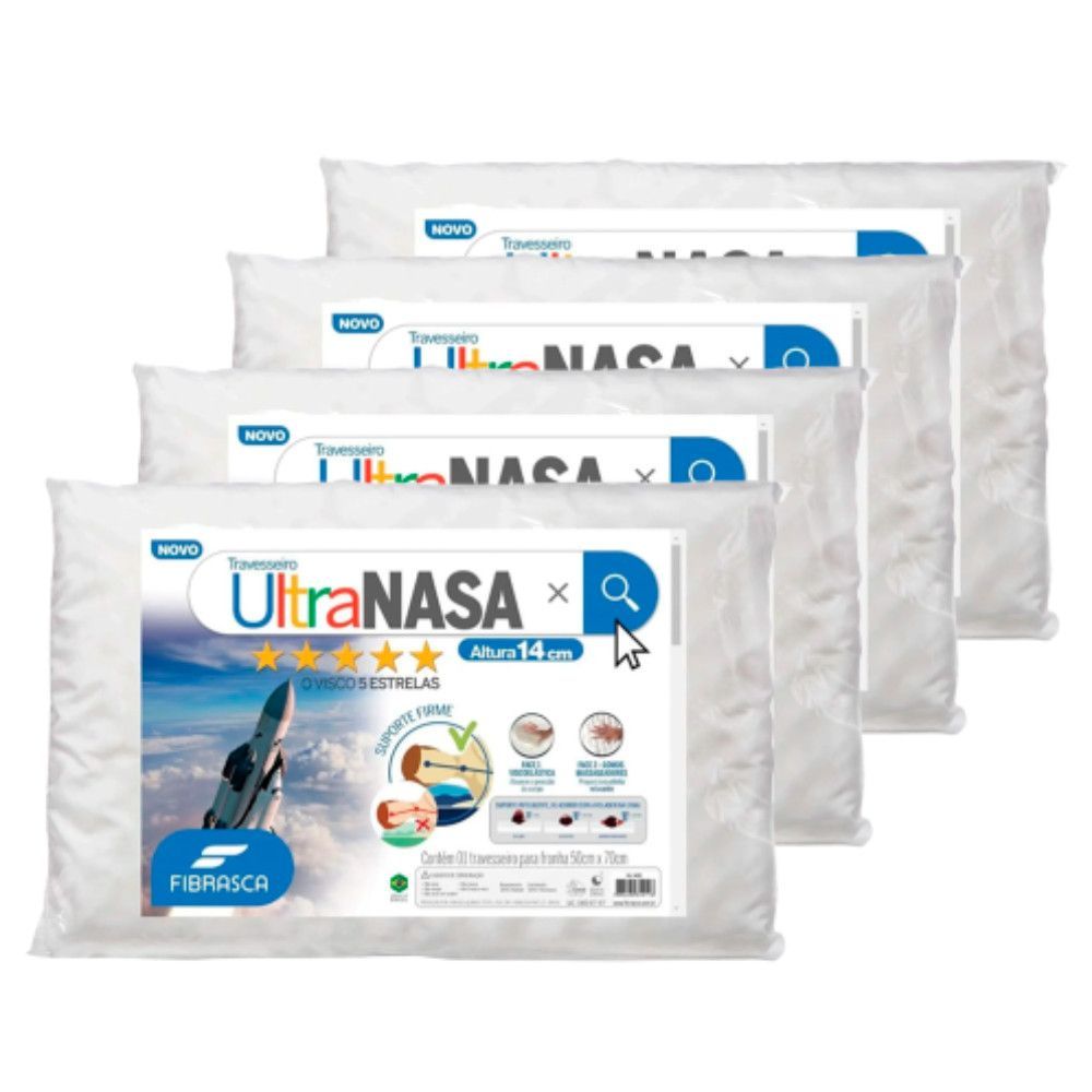 Travesseiro Ortopédico Ultra Nasa 39x59CM Viscoelástico (Nasa) Firme com Espuma NASA Branco Fibrasca 4 Unidades