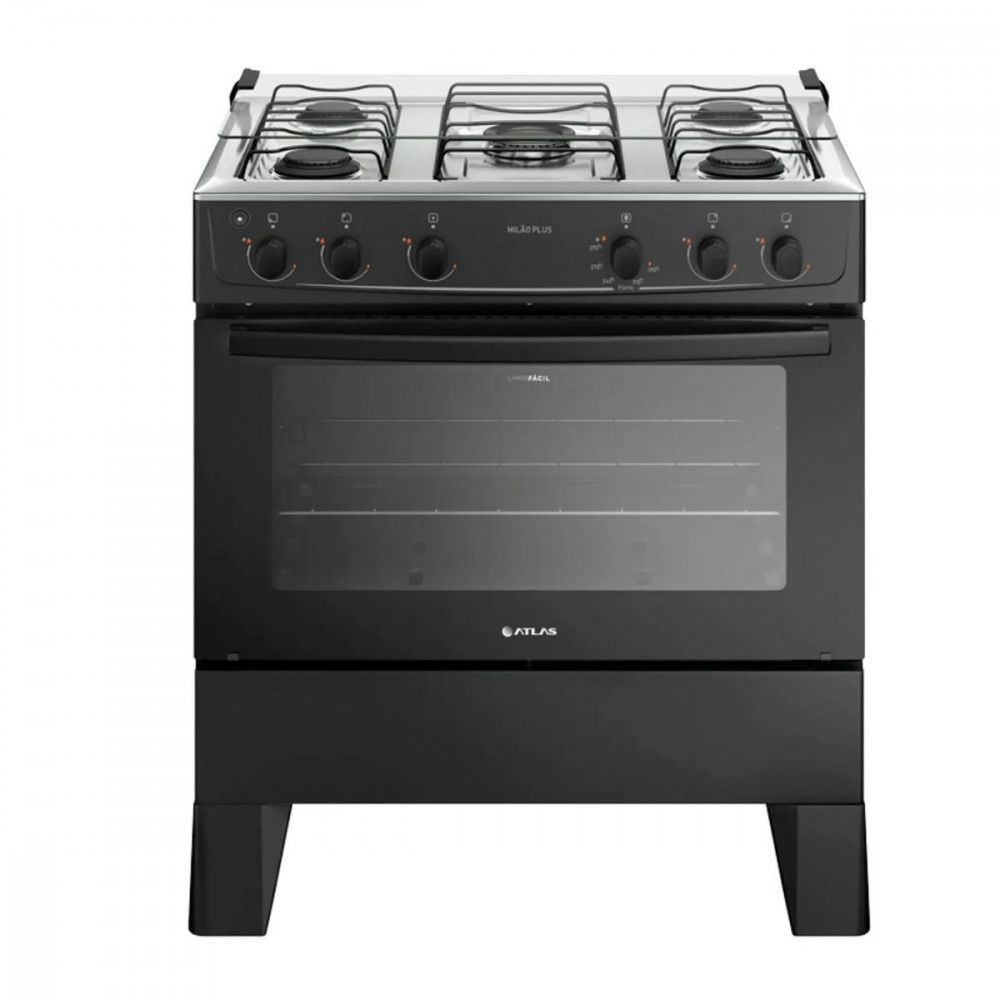 Fogão de Piso 5 Bocas Gás Atlas Milão Plus Mesa Inox Acendimento Automático Preto Bivolt