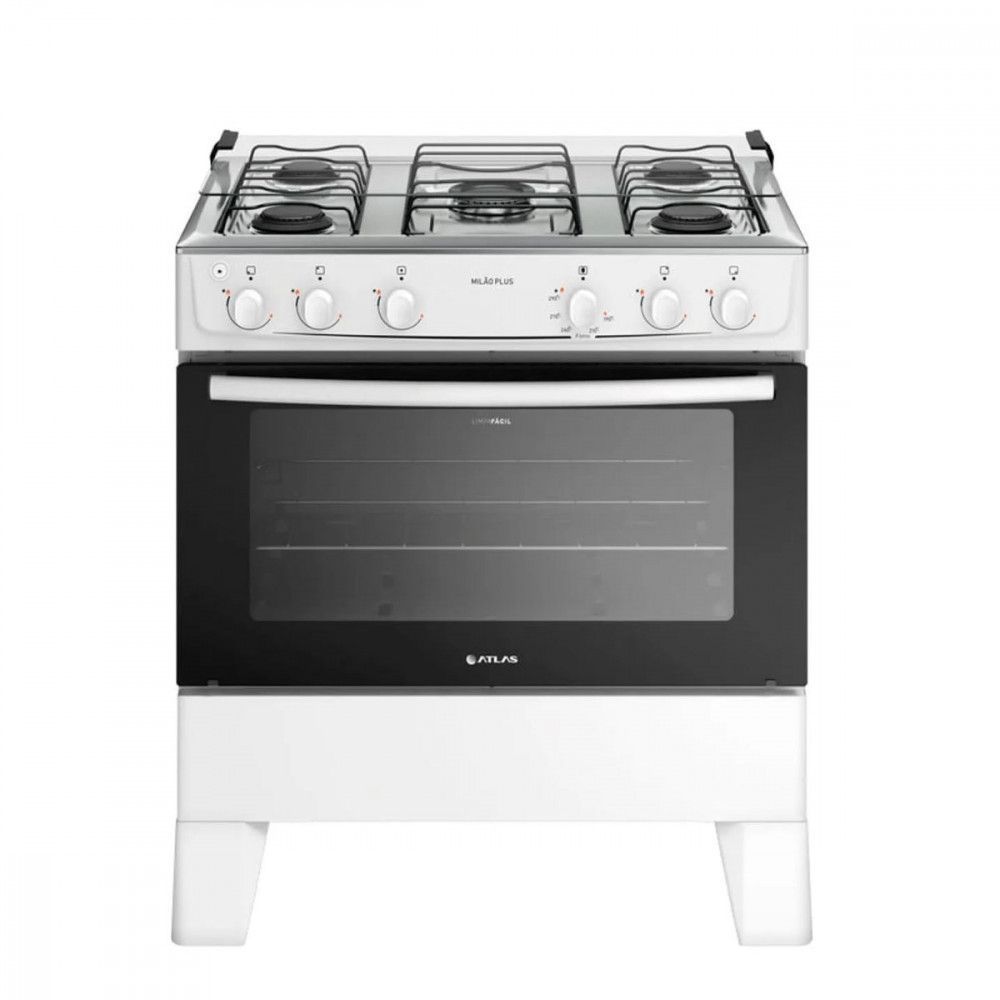 Fogão Piso 5 Bocas Gás Atlas Milão Plus Mesa Inox Acendimento Automático Preto Bivolt