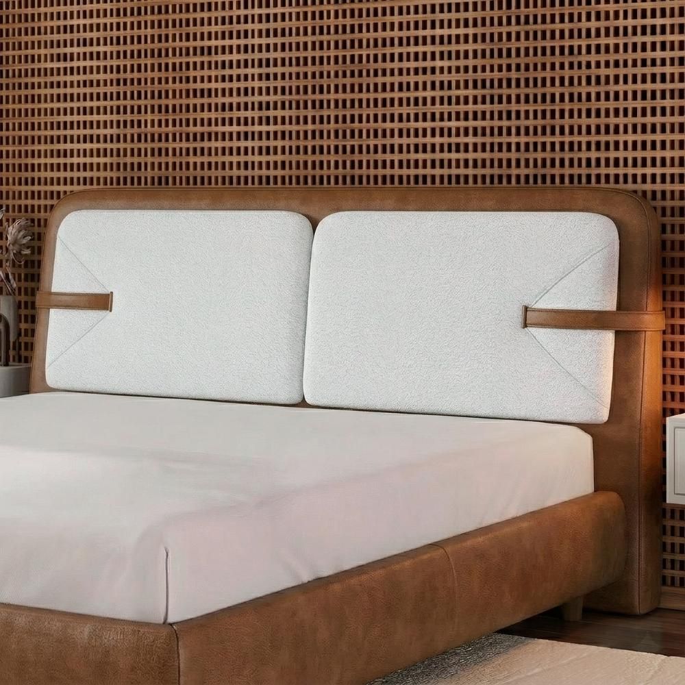 Cabeceira King Nalu Painel Madeira Maciça Couro Sintético Caramelo e Creme Mpozenato 209CM