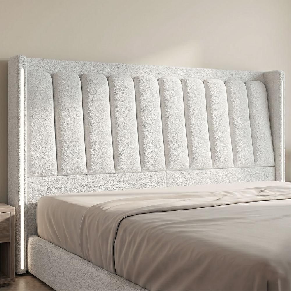 Cabeceira Estofada Luara King Madeira Maciça Bouclê Creme com LED Mpozenato