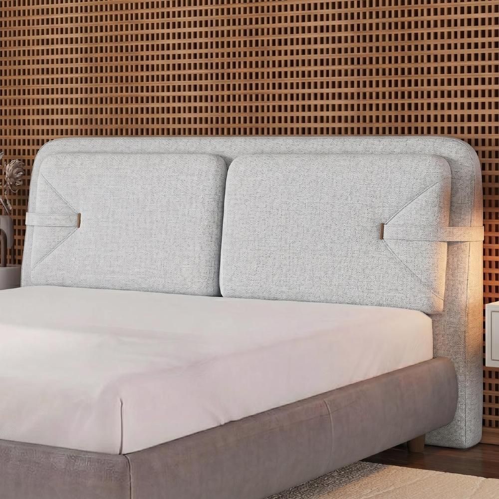 Cabeceira King Nalu Painel Madeira Maciça Revestida em Linho Cinza Claro Mpozenato 209CM