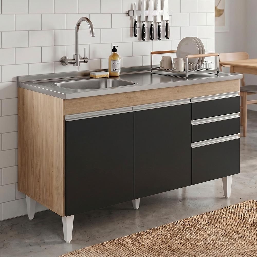Balcão de Cozinha Ávila com 3 Portas e 2 Gavetas em MDP 120CM Castanho Preto Mpozenato com Pia Inox