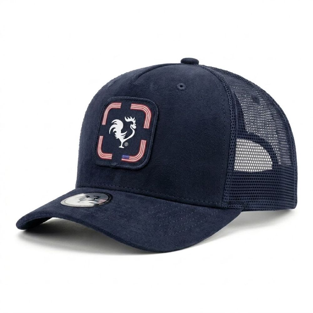 Boné Country Trucker Galo Agro Farm Fazenda Aba Curva Azul Marinho com Tela Respirável e Estampa Exclusiva de Galo