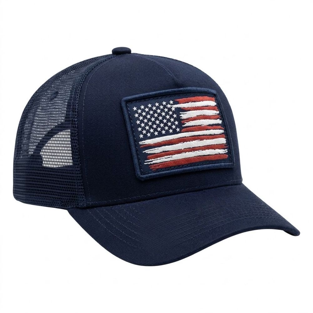 Boné Country Trucker EUA Bandeira Agro Farm Fazenda Aba Curva Azul Marinho com Tela Respirável e Fechamento Snapback