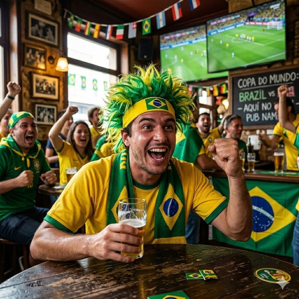 Peruca Maluca Copa do Mundo com Fios Sintéticos e Design Arrepiado Verde e Amarelo com Faixa da Bandeira do Brasil Copa