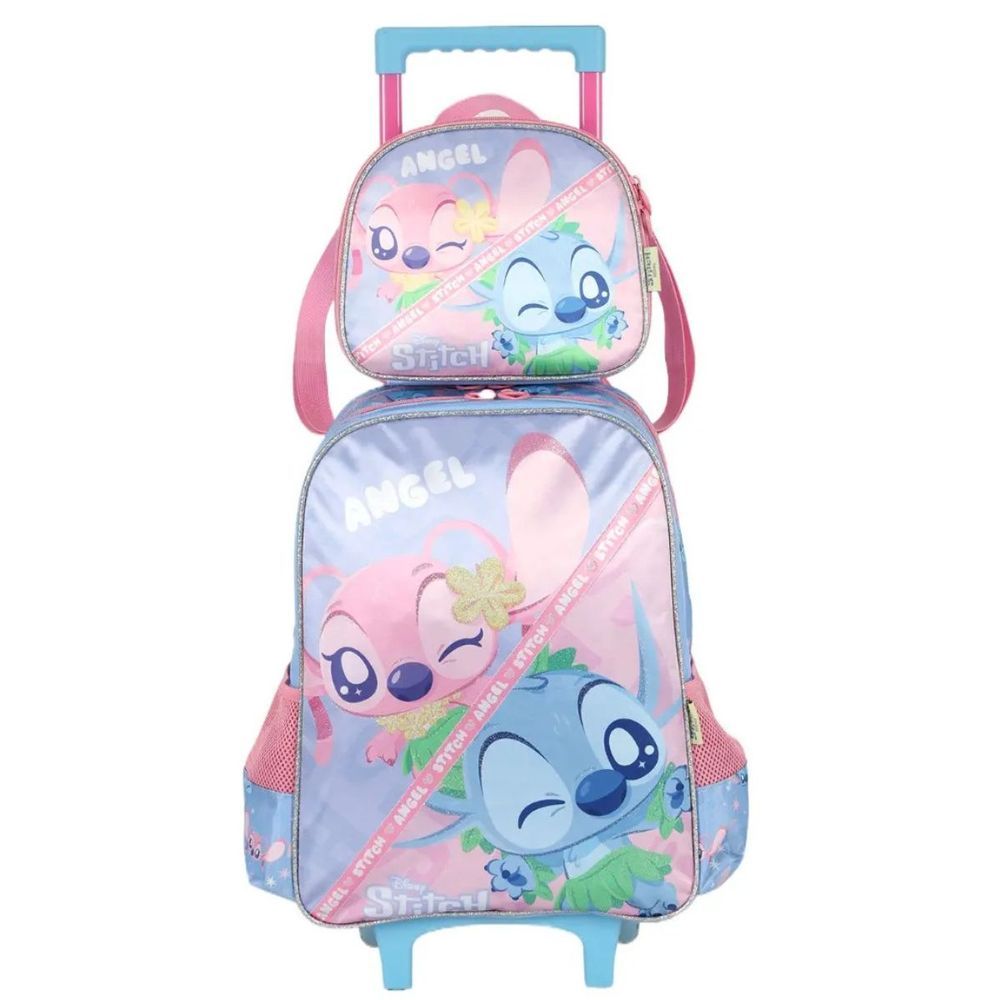 Mochila Escolar com Rodinhas Luxcel Stitch Angel Disney Poliester de Alta Resistencia 41cm X 30cm X 14cm Lilás Infantil