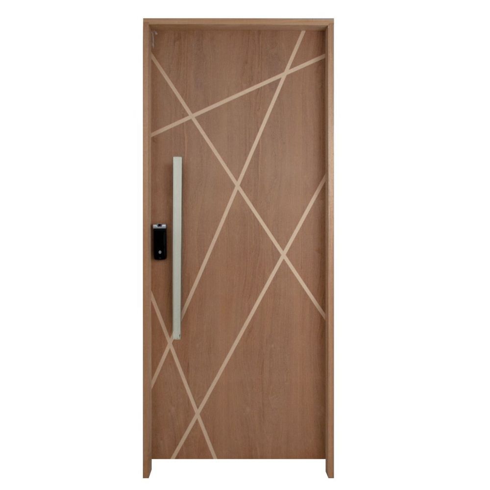 Porta de Giro Ydf40a Frisada em Madeira Natural 110x210CM para Ambientes Internos Imbuia com Fechadura Digital e Puxador