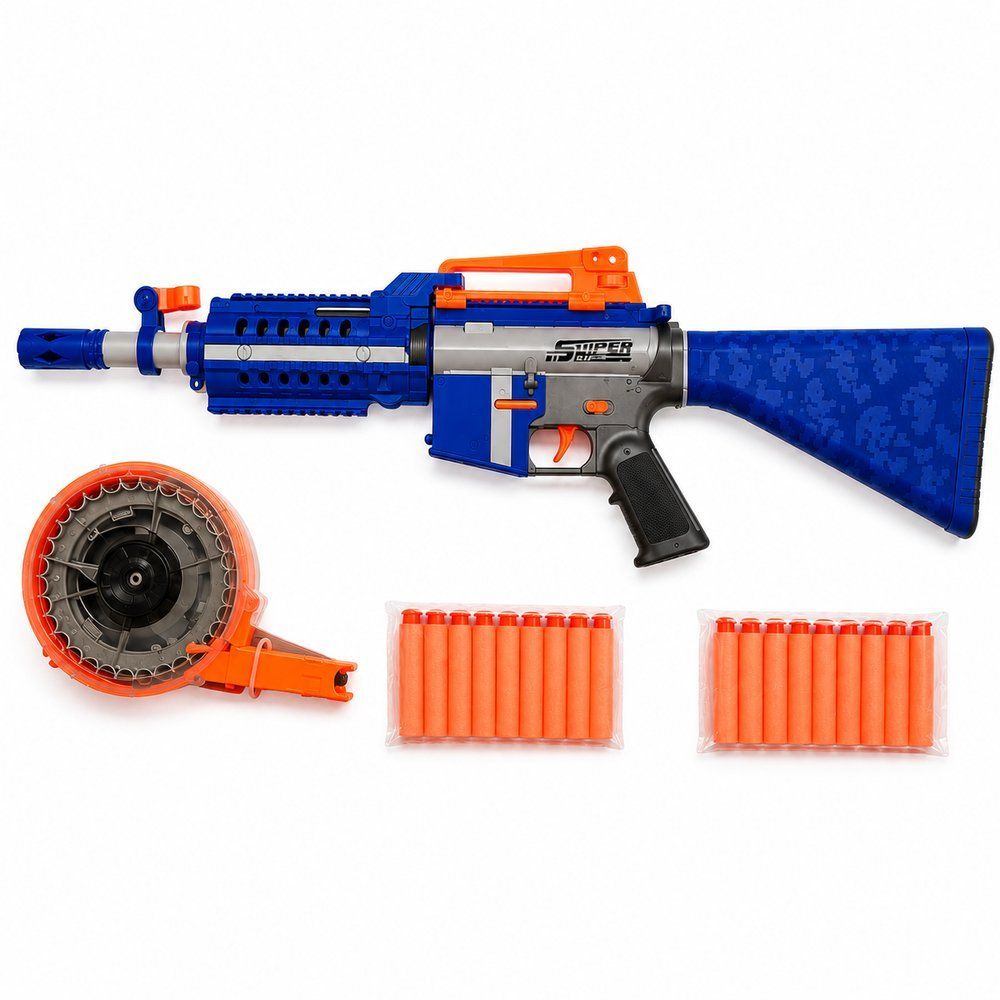 Metralhadora Lançadora de Dardos Fire Storm com Tambor Rotativo e Disparo Automático Azul Toys & Toys 78CM 40 Dardos