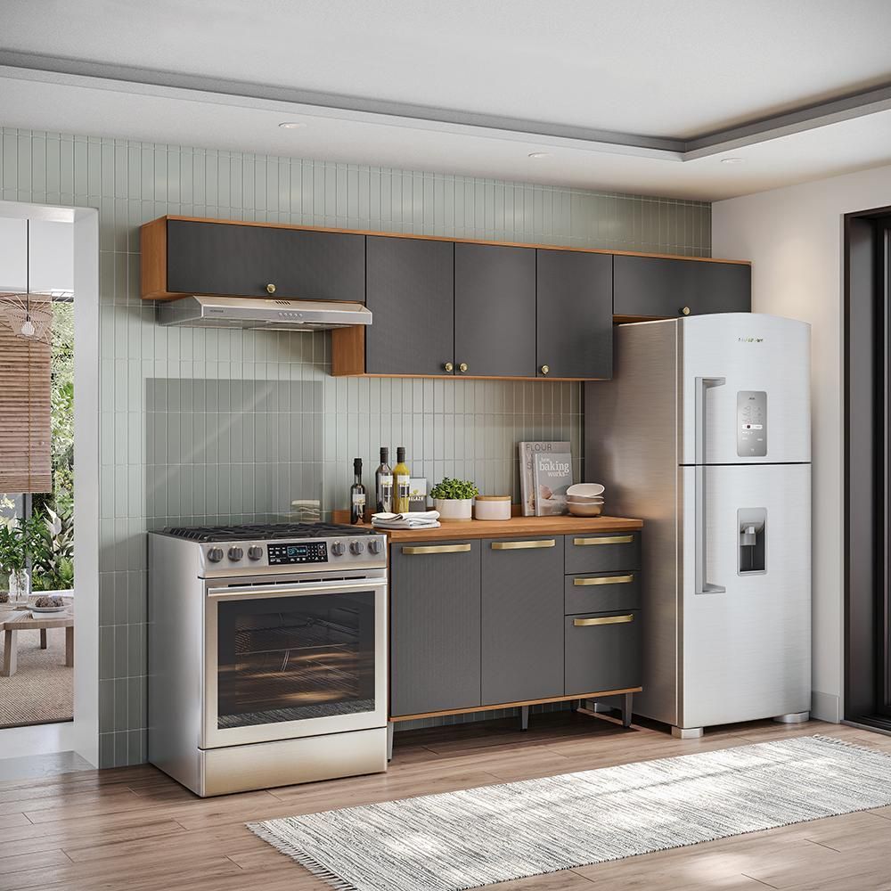 Armário de Cozinha Completa Elara 3 Portas 3 Gavetas MDP 280CM Canela e Preto Kappesberg