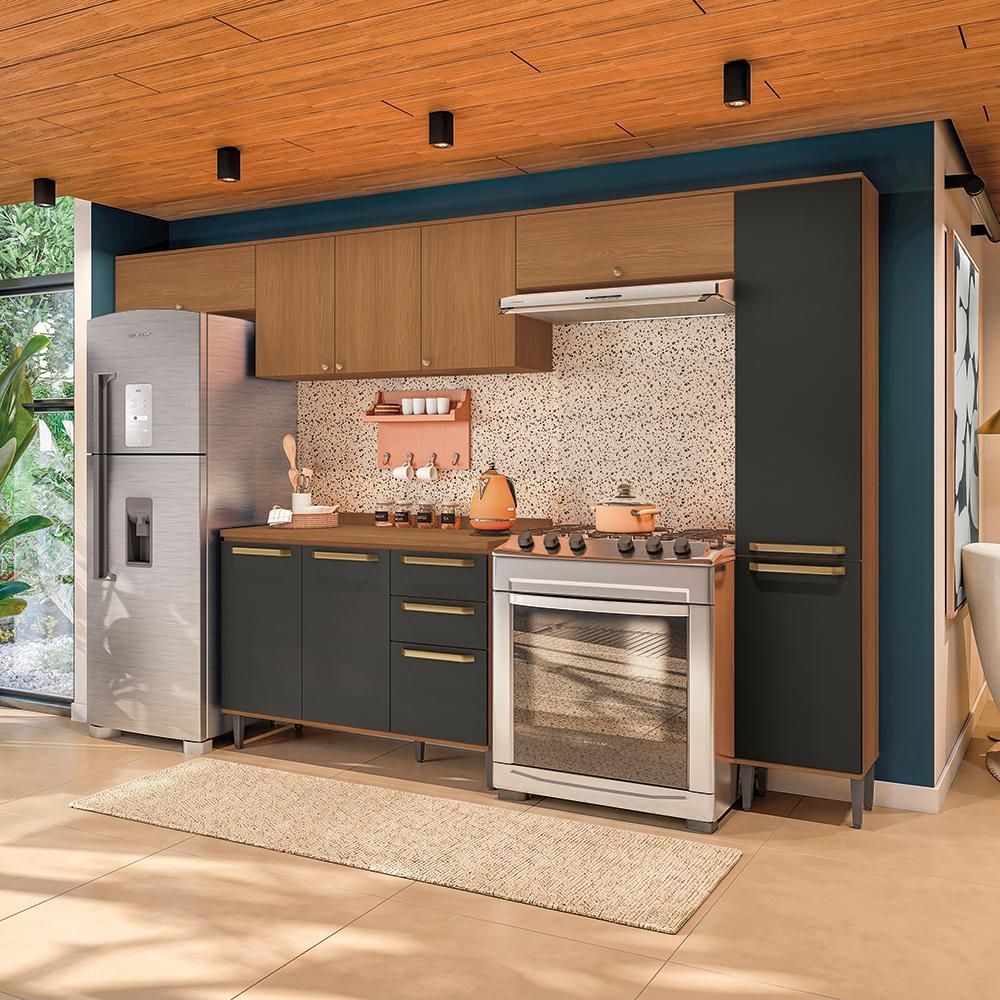 Armário de Cozinha Completa Elara 9 Portas 3 Gavetas MDP 320CM Canela e Preto Kappesberg
