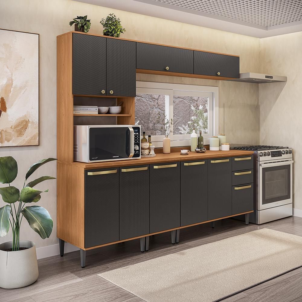 Armário de Cozinha Completa Elara 5 Portas 3 Gavetas MDP 230CM Canela e Preto Kappesberg