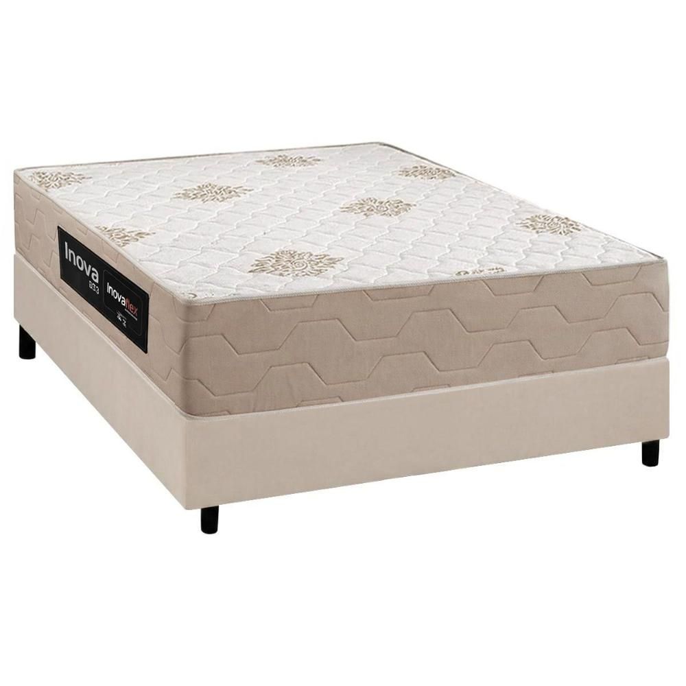 Cama Box com Colchão Casal Ortopédico D33 Inova Plus Double Face Espuma D33 Courino Bege Inovaflex 138CM 188CM