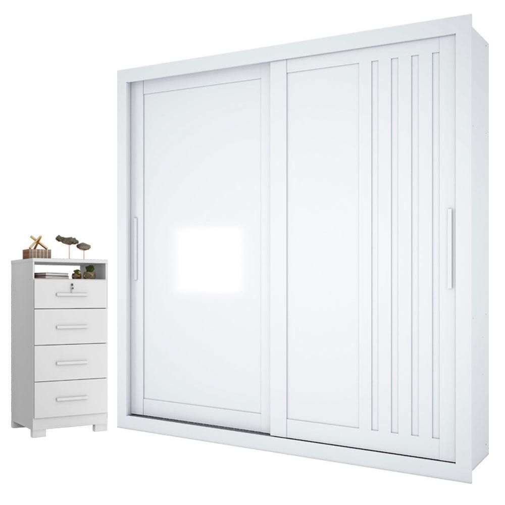 Guarda Roupa Casal Trianon 2 Portas de Correr com Cômoda 4 Gavetas MDP Branco Absoluto Semi Fosco Zanzini Móveis