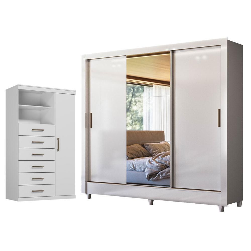 Guarda Roupa Casal Itália 3 Portas de Correr com Espelho e Pés e Cômoda Marabá 2 Gavetas MDP-MDF Branco Brilho Santos