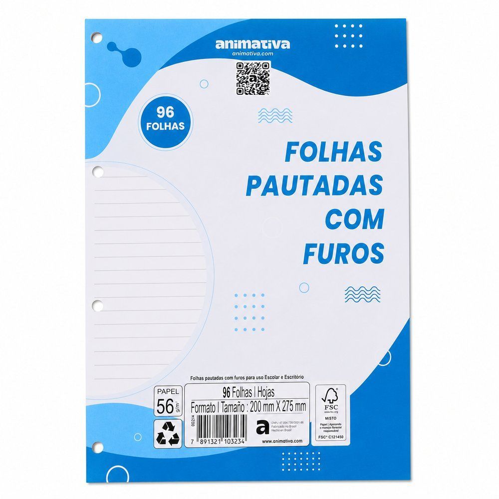 Folha para Fichário Anima Office Folha Pautada 200MM X 275MM 96 Folhas Branco