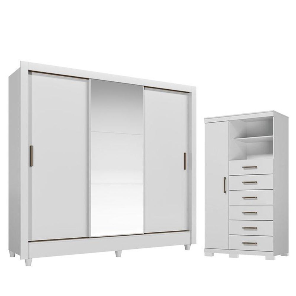 Guarda Roupa Casal Itália 3 Portas de Correr com Espelho e Cômoda Marabá 2 Gavetas MDF-MDP Branco Brilho Santos Andirá
