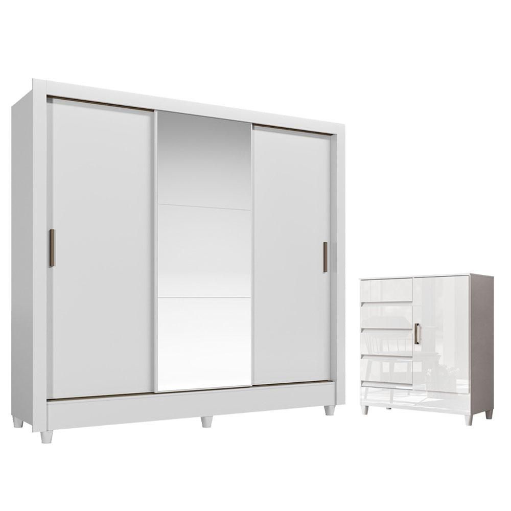 Guarda Roupa Casal Itália 3 Portas de Correr com Espelho e Pés e Cômoda 1 4 Gavetas MDF-MDP Branco Brilho Santos Andirá