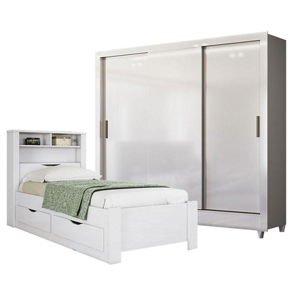 Guarda Roupa Casal com Cama Solteiro Itália 3 Portas de Correr 2 Gavetas MDF-MDP Branco Brilho Santos Andirá