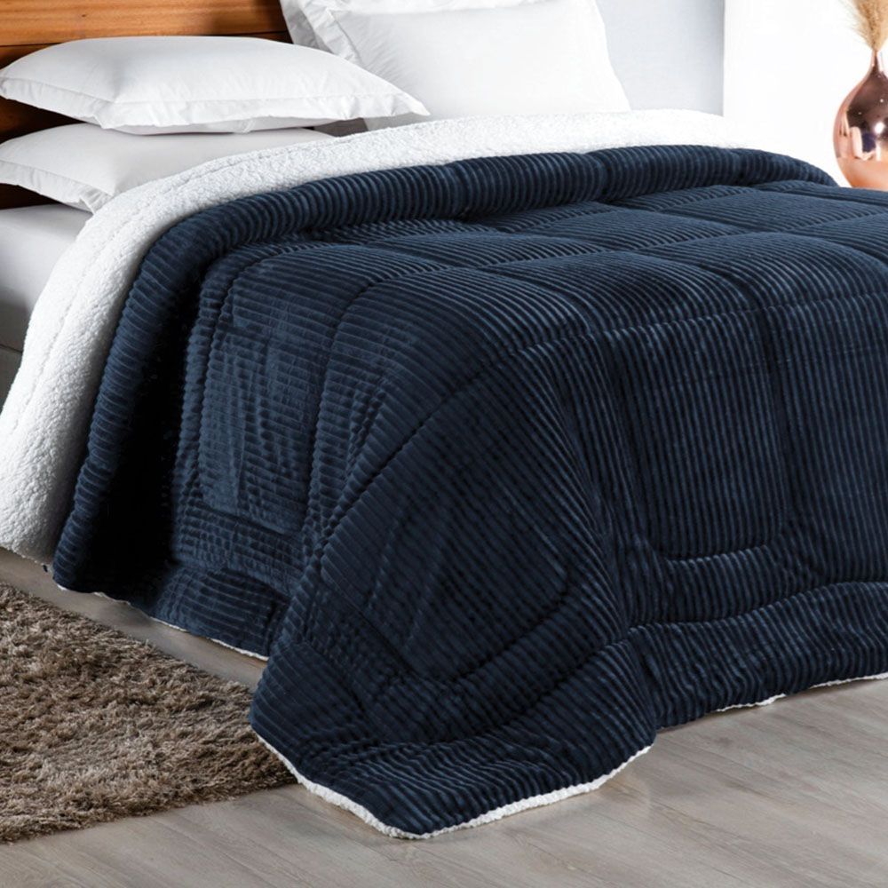 Coberdrom Apollo Queen 100% Poliéster Soft Canelado Sherpa Dupla Face Azul Marinho Clara Luz Decora 220CM 240CM