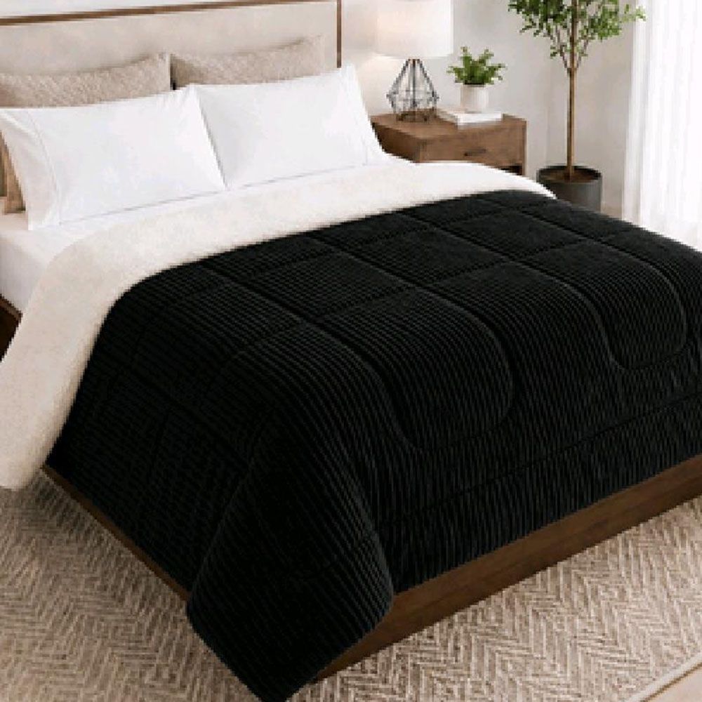 Coberdrom Apollo Queen 100% Poliéster Soft Canelado Sherpa Dupla Face Preto Clara Luz Decora 220CM 240CM