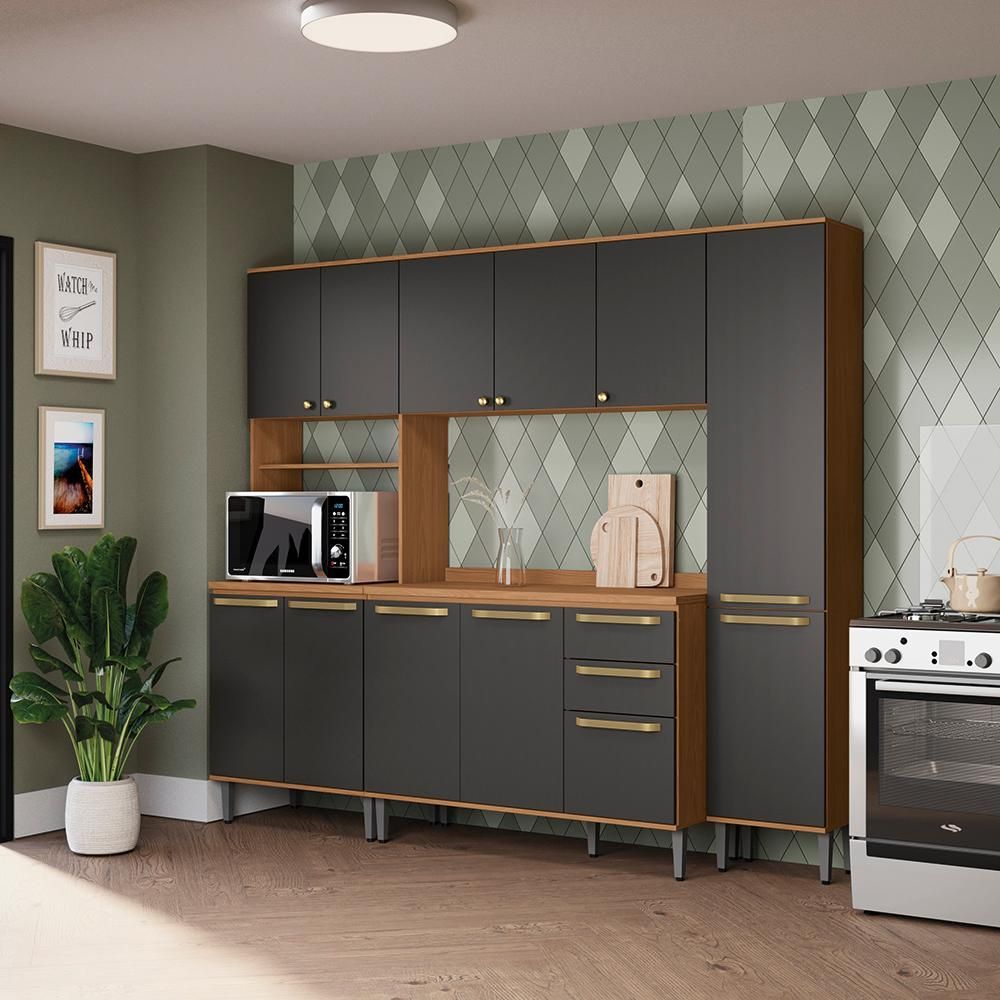 Armário de Cozinha CB1511 11 Portas 3 Gavetas MDF-MDP 230CM Canela e Preto Kappesberg