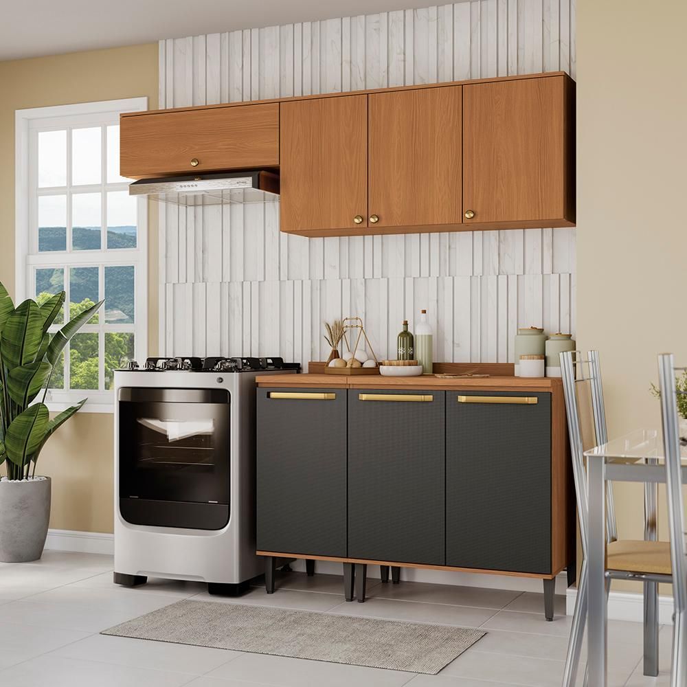 Armário de Cozinha CB1515 7 Portas 3 Gavetas MDF-MDP 200CM Canela e Preto Kappesberg