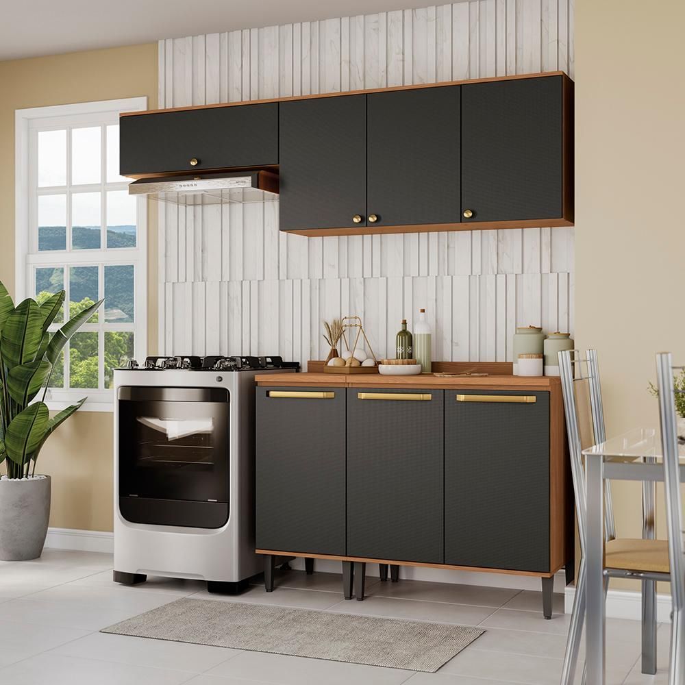 Armário de Cozinha CB1515-CNPRG1 7 Portas 3 Gavetas MDF-MDP 200CM Canela e Preto Kappesberg