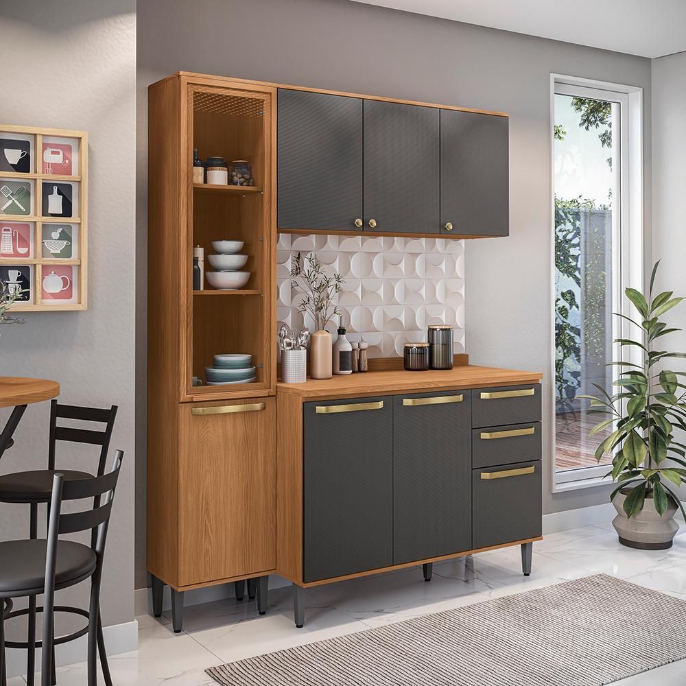 Armário de Cozinha CB1510 2 Portas 3 Gavetas MDF-MDP 160CM Canela e Preto Kappesberg