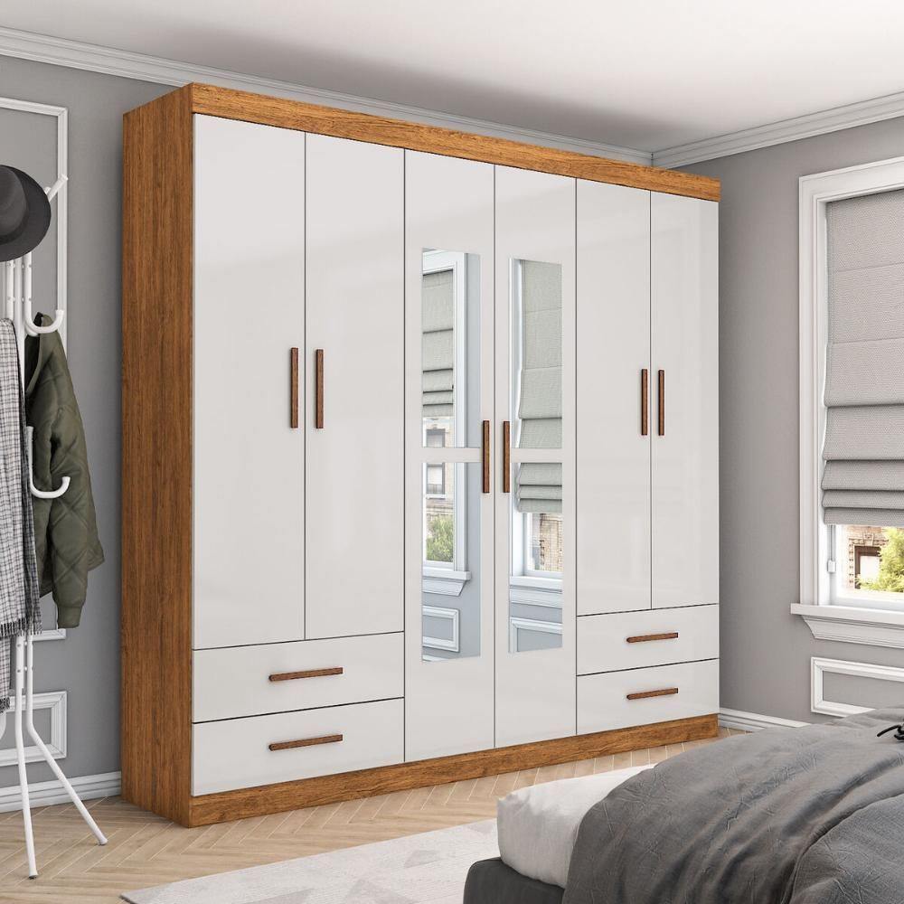 Guarda Roupa Casal Medelin 6 Portas de Bater 4 Gavetas MDP com Espelho Cinamomo-off White Multimóveis 177CM