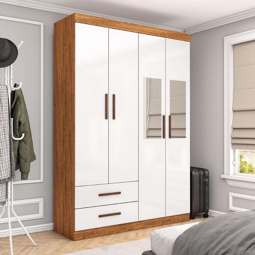 Guarda Roupa Solteiro Siena 4 Portas de Bater 2 Gavetas MDP com Espelho Cinamomo-branco Multimóveis 118.5CM