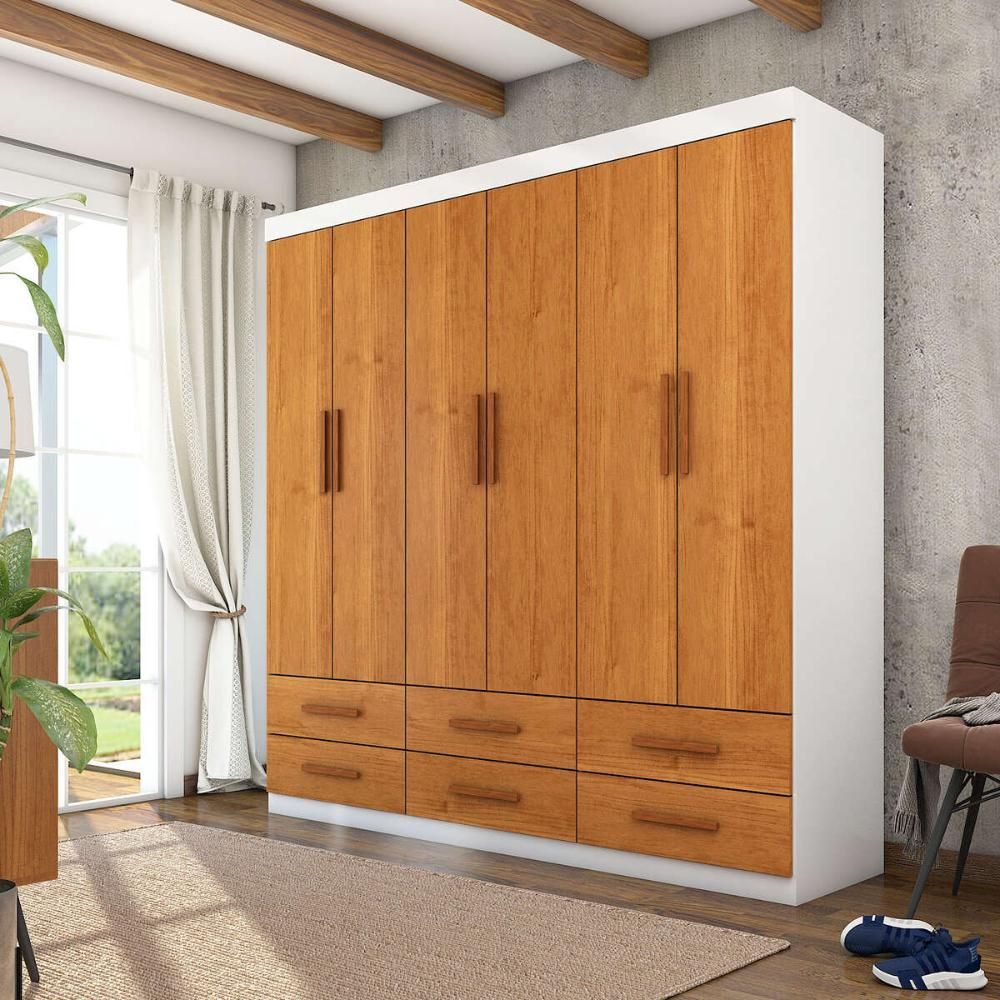 Guarda Roupa Casal Havana 6 Portas de Bater 6 Gavetas MDP Laqueado Branco-cinamomo Multimóveis