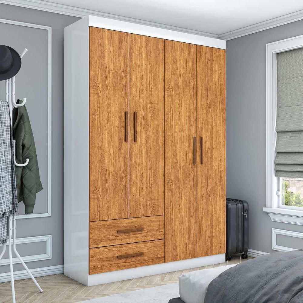 Guarda Roupa Solteiro Turim 4 Portas de Bater 2 Gavetas MDP Laqueado Branco-cinamomo Multimóveis 118.5CM
