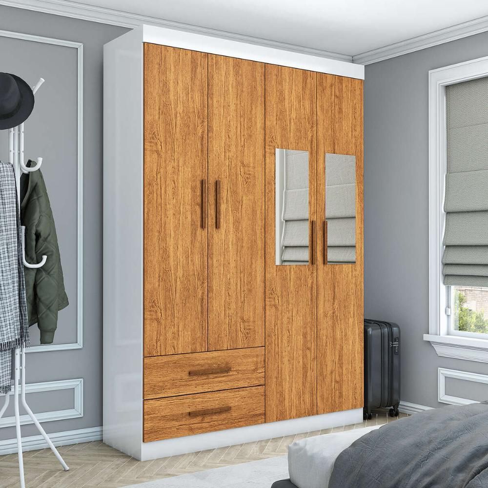 Guarda Roupa Solteiro Siena 4 Portas de Bater 2 Gavetas MDP com Espelho Branco-cinamomo Multimóveis 118.5CM