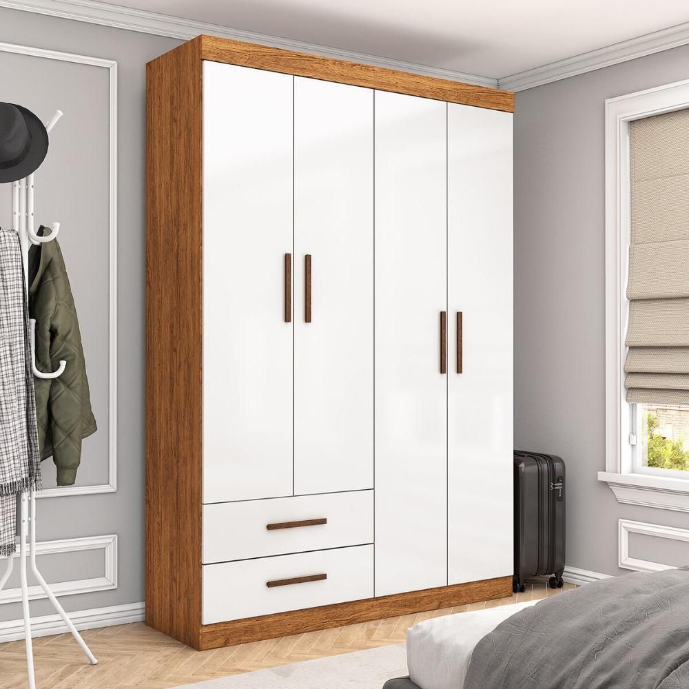 Guarda Roupa Solteiro Turim 4 Portas de Bater 2 Gavetas MDP Cinamomo-Branco Multimóveis