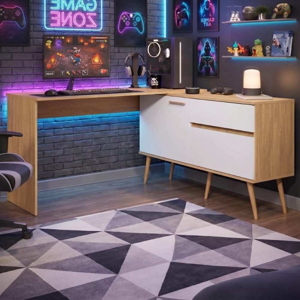 Mesa Gamer em l Strike Moderno 1 Gaveta MDP 136CM Madeirado e Branco Multimóveis