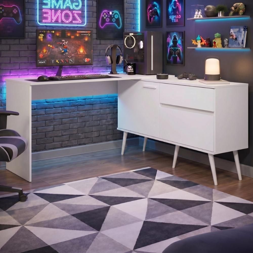 Mesa Gamer em l para Computador Strike Moderno 2 Portas 1 Gaveta MDP 136CM Branco Multimóveis