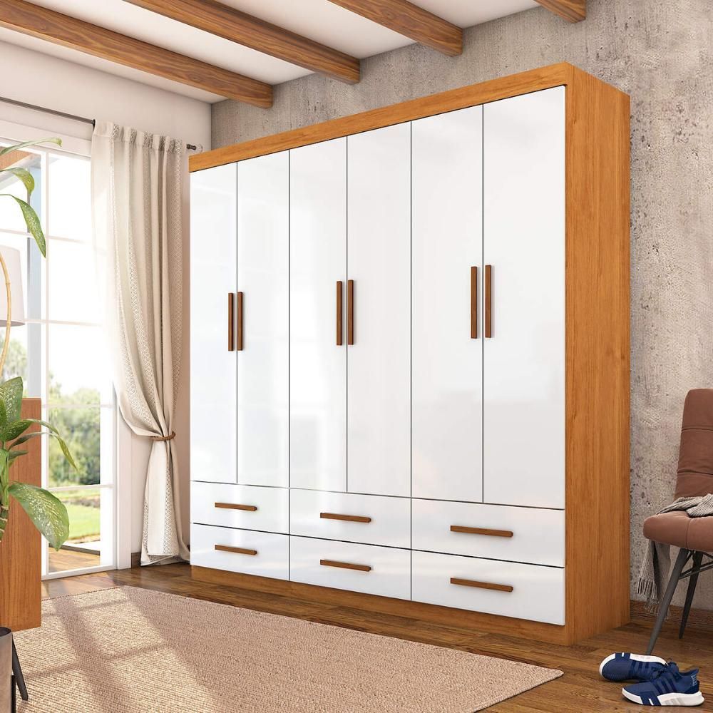 Guarda Roupa Casal Havana 6 Portas de Bater 6 Gavetas MDP Laqueado Cinamomo-branco Multimóveis