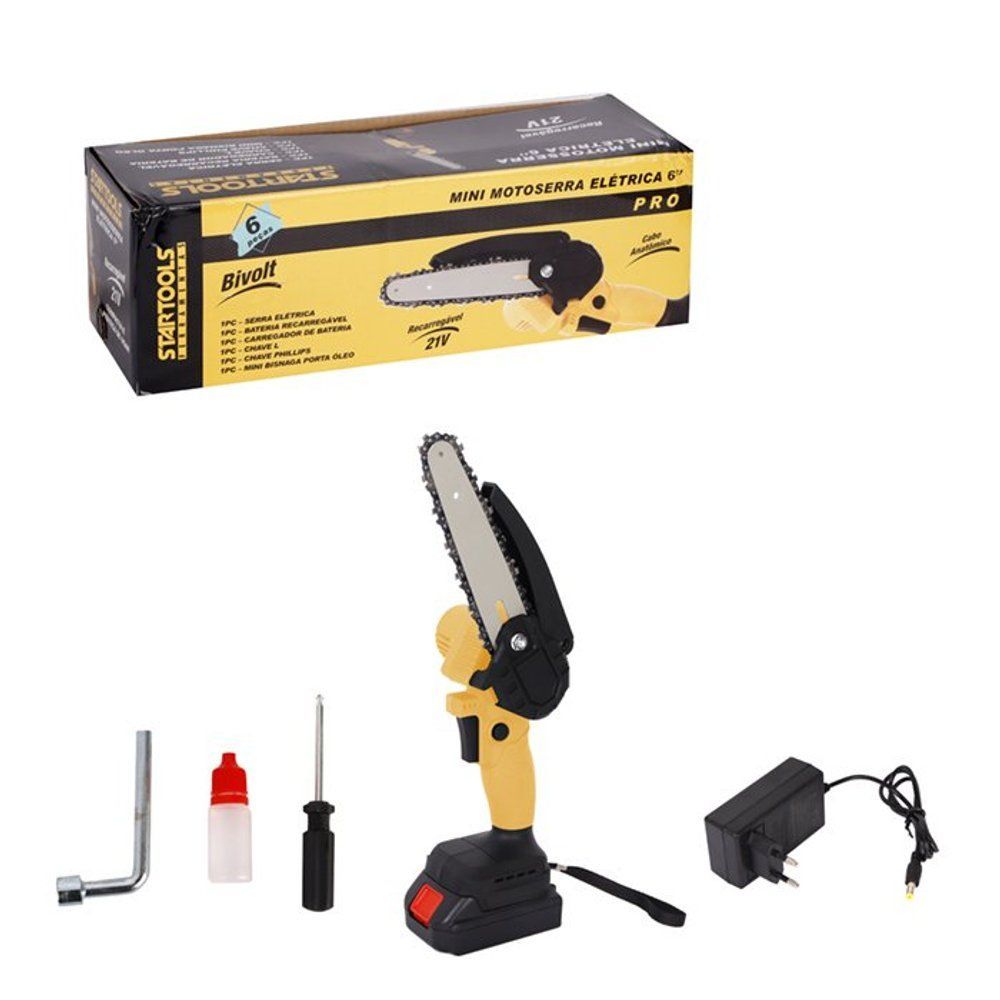 Motosserra Elétrica Mini 6'' com Bateria Recarregável 21V 2.0Ah Bivolt Preto Startools