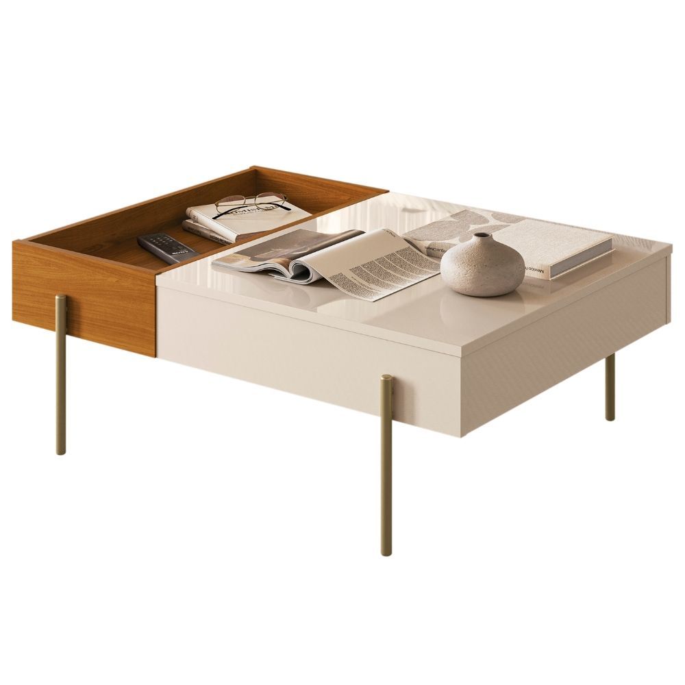 Mesa de Centro Leme Retangular MDF Metal Pintado 84CM Cinamomo Off White Madetec Móveis