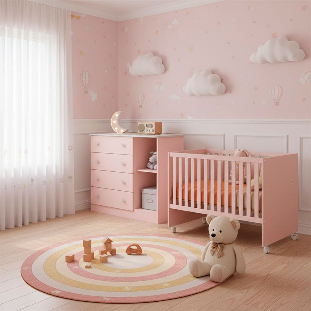Mesa de Cabeceira Doce Sonho sem Porta 4 Gavetas MDP 15 TAMANHO 90cm Rosa Qmovi