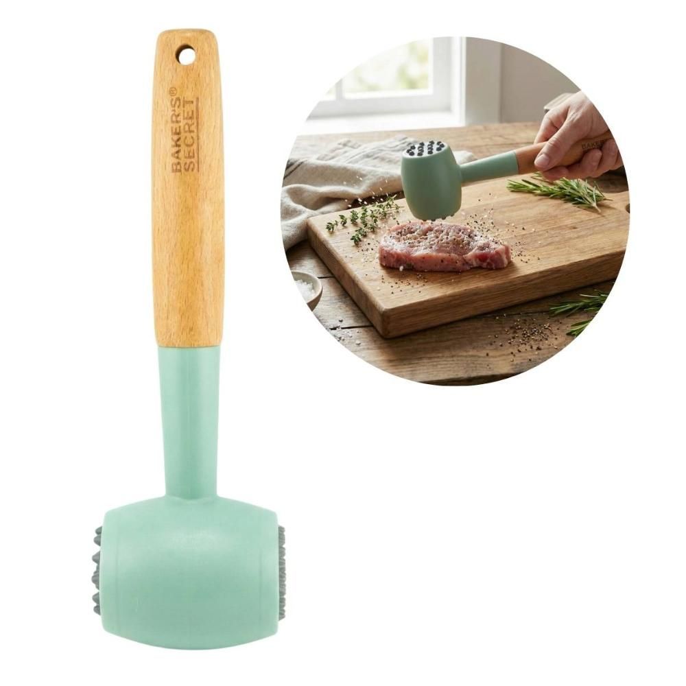 Martelo Amaciador de Carne Batedor Duplo Multiuso ABS com Cabo em Madeira de Faia Cozinha Verde Baker BS40553 5CM