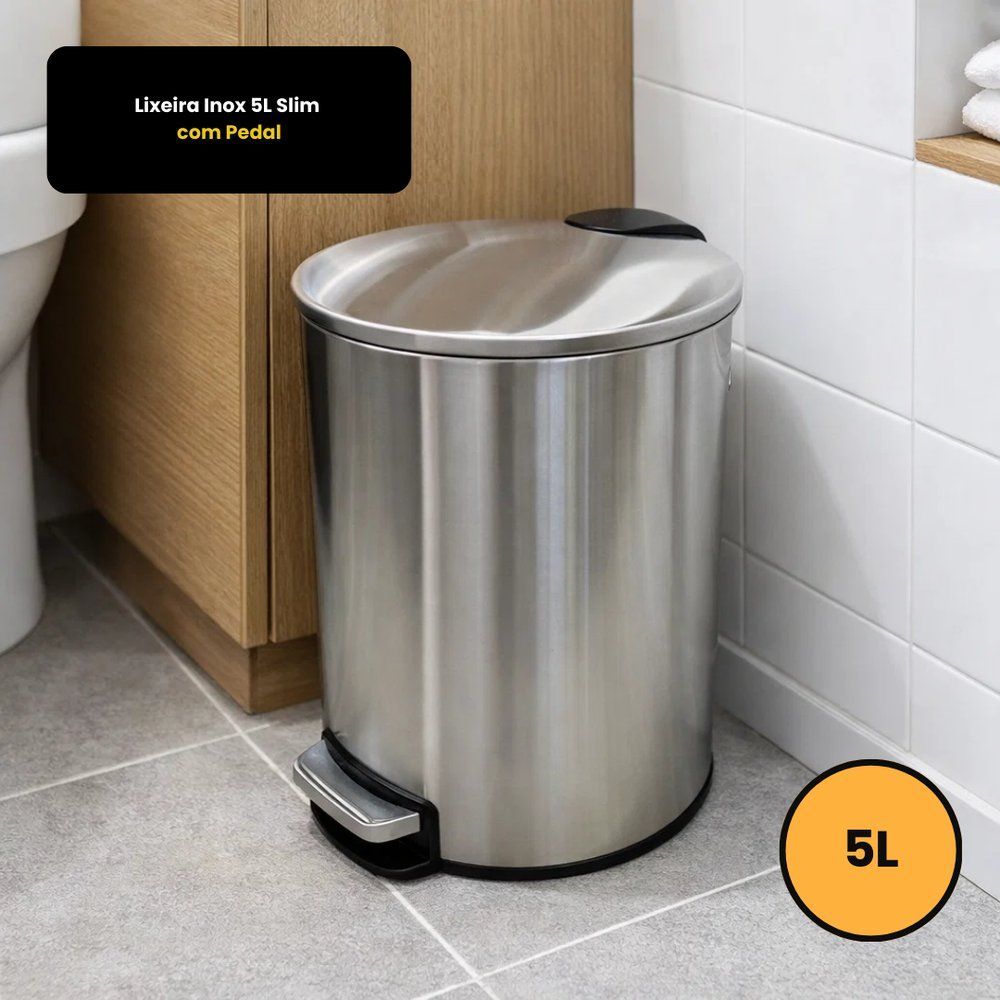 Lixeira com Pedal Slim 5L Aço Inox Abertura por Pedal Fechamento Suave Inox Powermaid