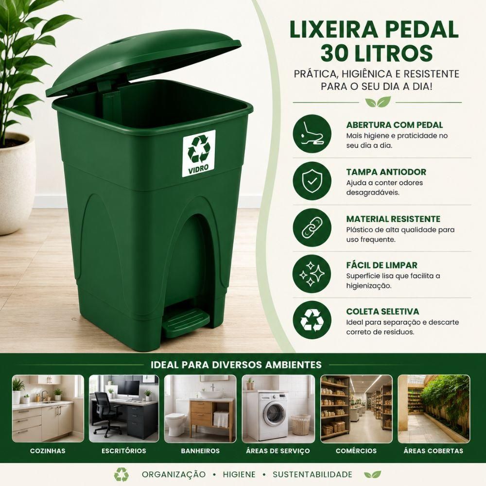 Lixeira com Pedal Coleta Seletiva 30L Plástico Abertura por Pedal Tampa Antiodor Verde Yeet