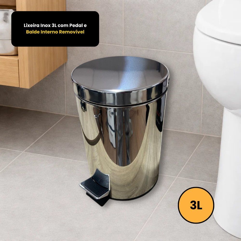 Lixeira Inox 3L Aço Inox com Pedal Balde Interno Removível Design Slim Compacto Powermaid