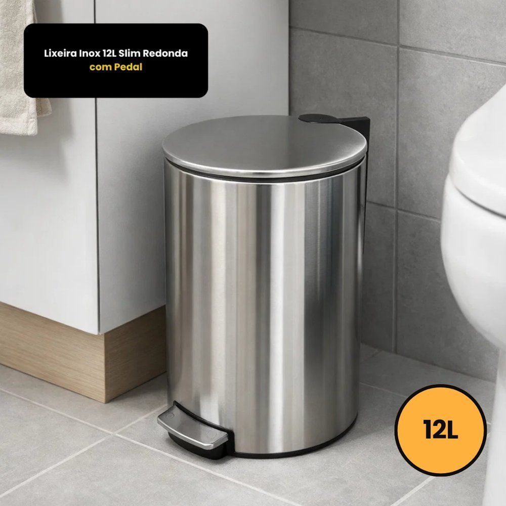 Lixeira com Pedal Slim 12L Aço Inox Abertura por Pedal Fechamento Suave Inox Powermaid