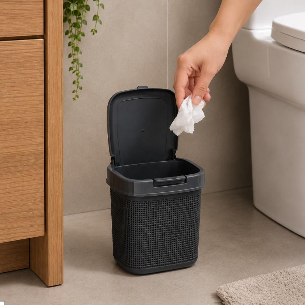 Lixeira Rattan Cesto Lixo Pia Cozinha 4,5L Plástico Basculante Tampa Click Juta Multiuso Retangular Compacta Cinza