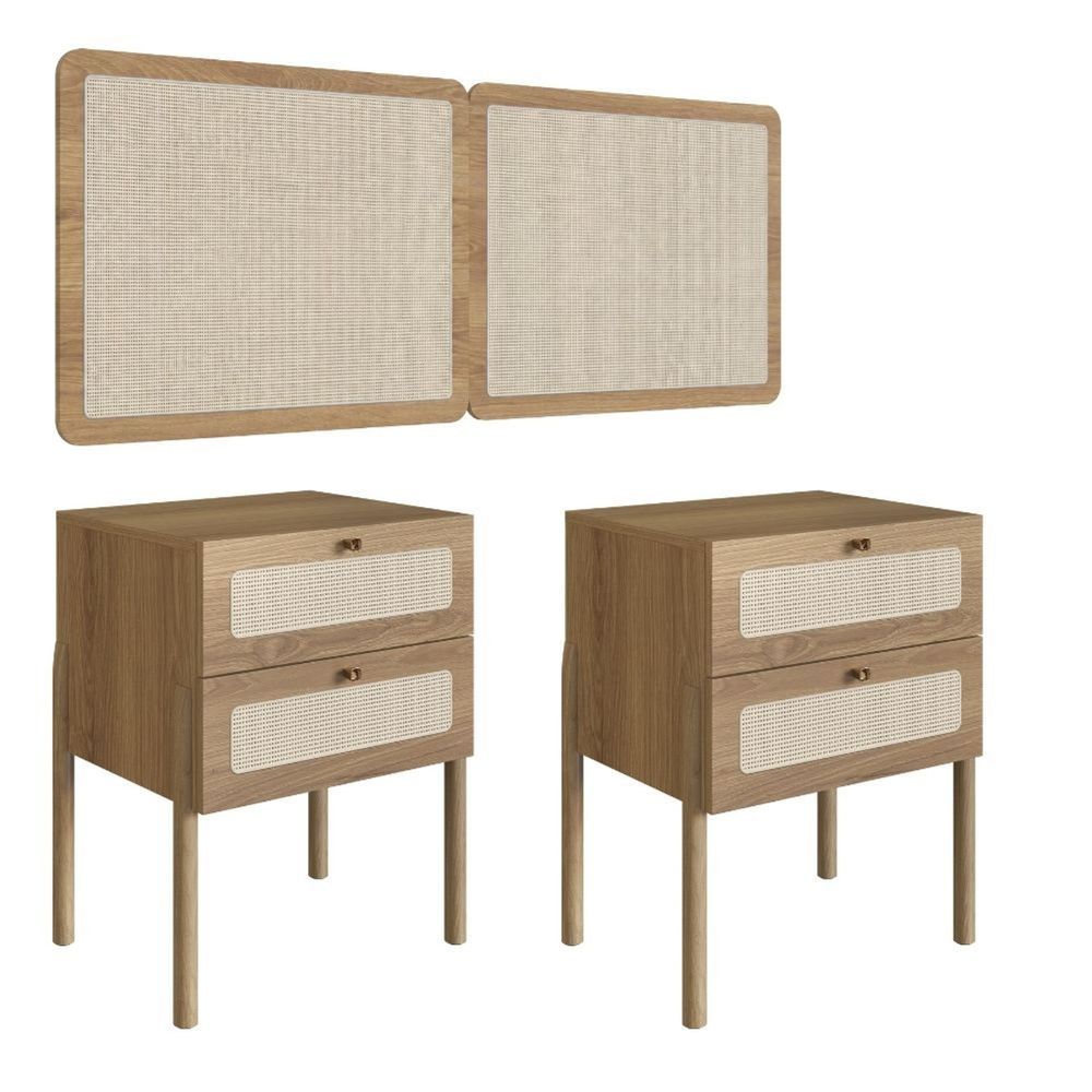 Kit Mesa e Cabeceira Casal Oslo 2 Gavetas MDP Contemporâneo Marrom Artesano Móveis 158CM