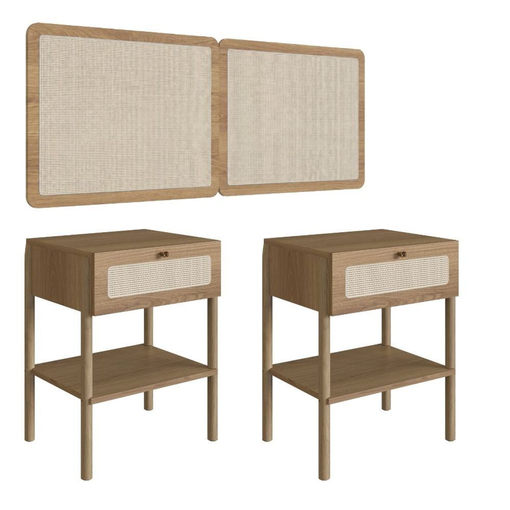 Kit Mesa e Cabeceira Casal Oslo 1 Gaveta MDP Contemporâneo Marrom com Base em Madeira Artesano Móveis 158CM